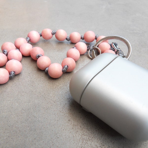 Chaîne de clés, chaîne airpod, perle de bois, rosé / gris