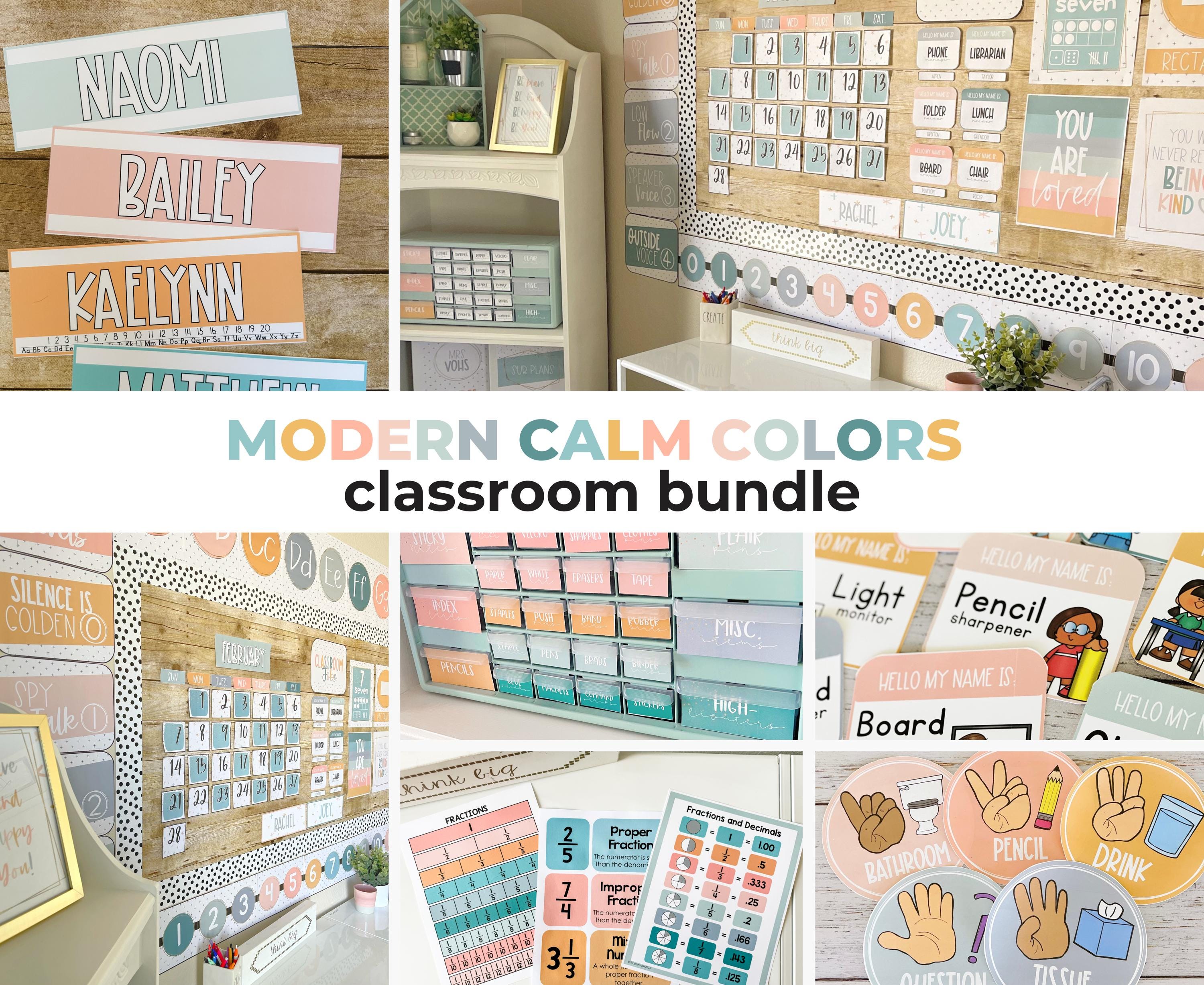 Lot de décorations pour la classe Calm Colours : affiches et étiquettes modifiables (Toile ou PowerPoint)