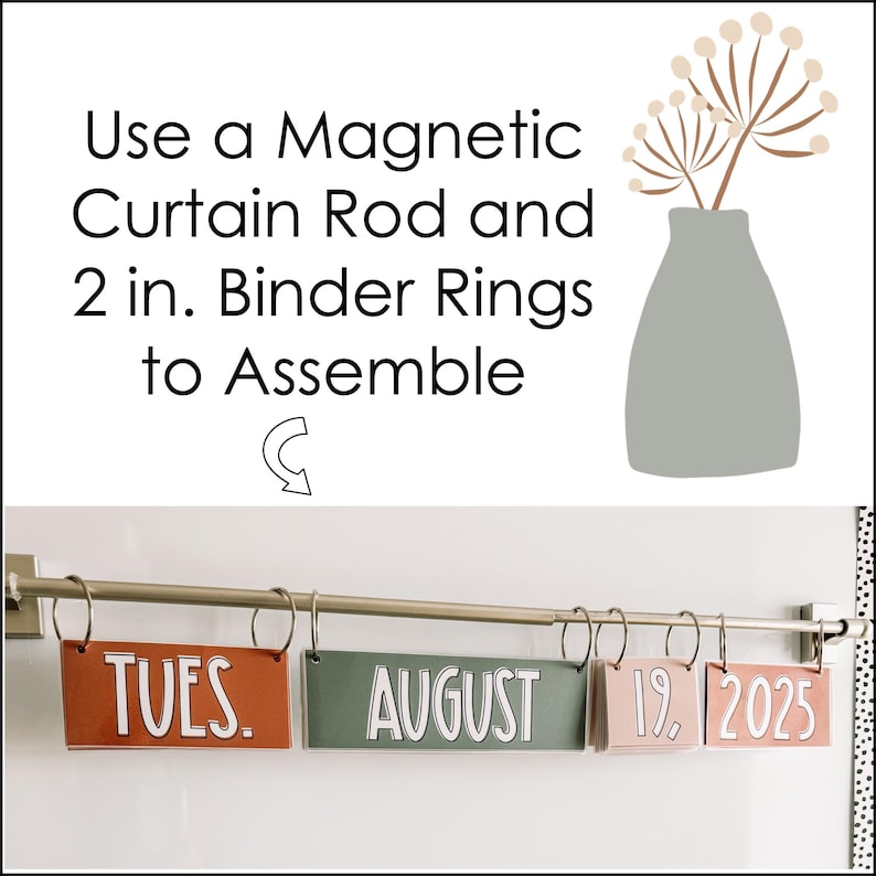 This image shows a magnetic rod holding a flip calendar in a neutral boho theme.