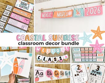 May include: A Coastal Sunrise classroom decor bundle featuring a schedule, date display, alphabet cards, number posters, and a welcome banner. The items use a pastel color palette with starfish, surfboard, and beach-themed illustrations.