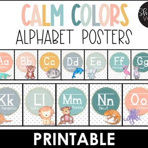 Pósteres del alfabeto de colores tranquilos para imprimir en el aula, decoración relajante para el aula, decoración pastel para el aula