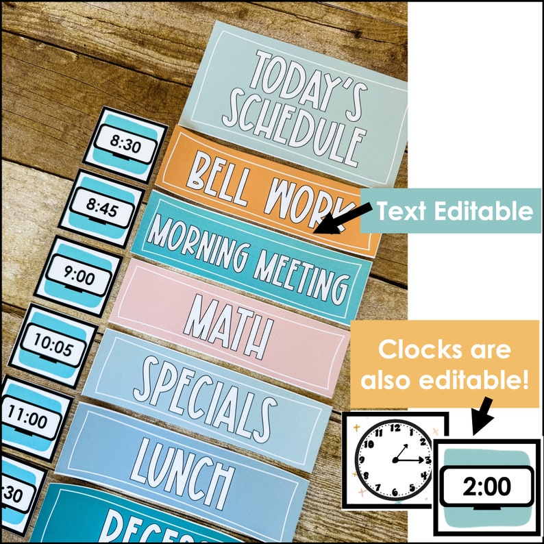 This image shows calm color schedule cards with clocks.