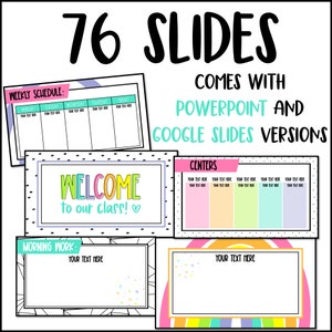 This image shows examples of the 76 slides included in the Happy Hues slides templates.