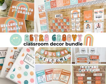 May include: A classroom decor bundle featuring a retro theme with rainbows, smiley faces, and muted earth tones. The set includes posters, banners, calendar cards, labels, and binder covers with text such as Welcome to 5th Grade and Retro Groovy.