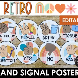 Retro Hand Signals Classroom, Groovy Hand Signal Posters