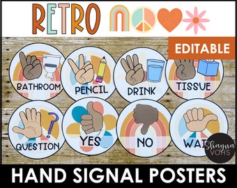 Retro Hand Signals Classroom, Groovy Hand Signal Posters