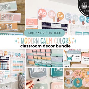 May include: A classroom decor bundle featuring editable name tags, an alphabet banner with hand signs, a calendar, and labels in a muted colour palette. The set includes circular icons with hand gestures, desk name plates, and organisational signs.