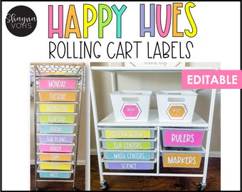 Happy Hues Rolling Cart Labels: Editable Classroom Organizer