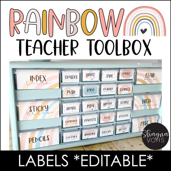 Étiquettes de boîte à outils de professeur, étiquettes de boîte à outils de professeur d'arc-en-ciel de Boho