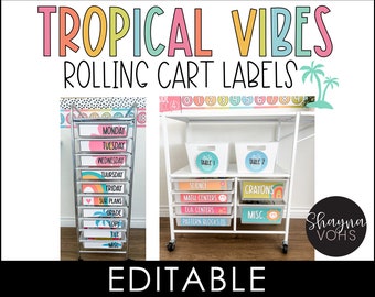 10 Drawer Cart Labels and Essex Rolling Cart Labels Tropical, Tropical Vibes Classroom Decor