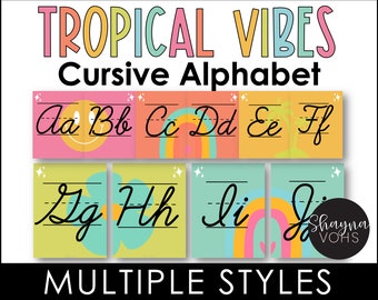 Tropical Cursive Alphabet Posters, Cursive Alphabet Chart, Printable, Tropical Vibes Classroom Decor