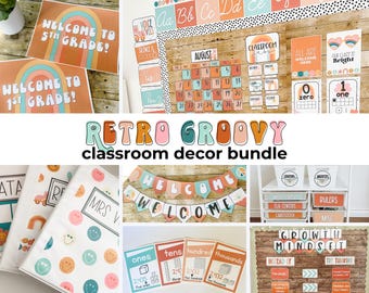 Retro Groovy Classroom Decor Bundle: Editable Posters, Signs (Digital Download)