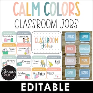 Calm Colors Classroom Jobs Chart Editable, Calming Classroom Decor, Pastel Classroom Decor