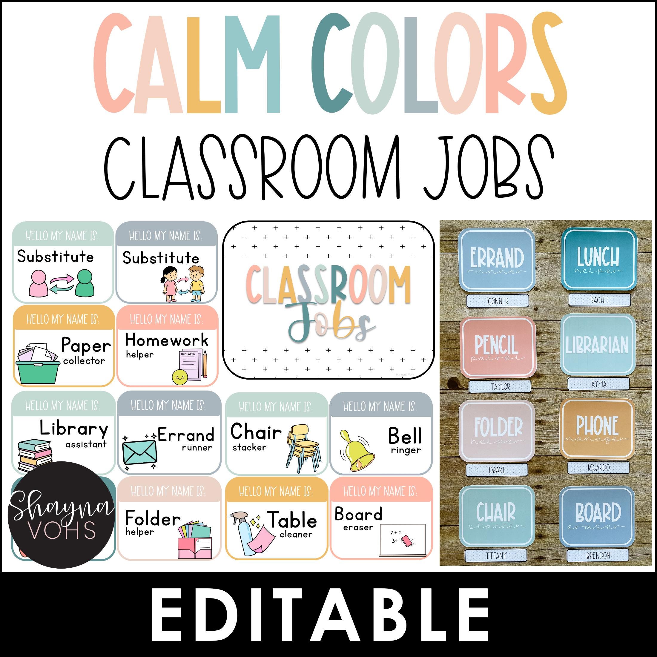 Calm Colors Classroom Jobs Chart: Editable Pastel Decor (Digital Download
