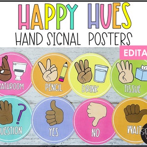 Hand Signal Classroom Posters: Bright, Editable Design