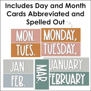 This image shows month, day, and date cards in a neutral boho theme.