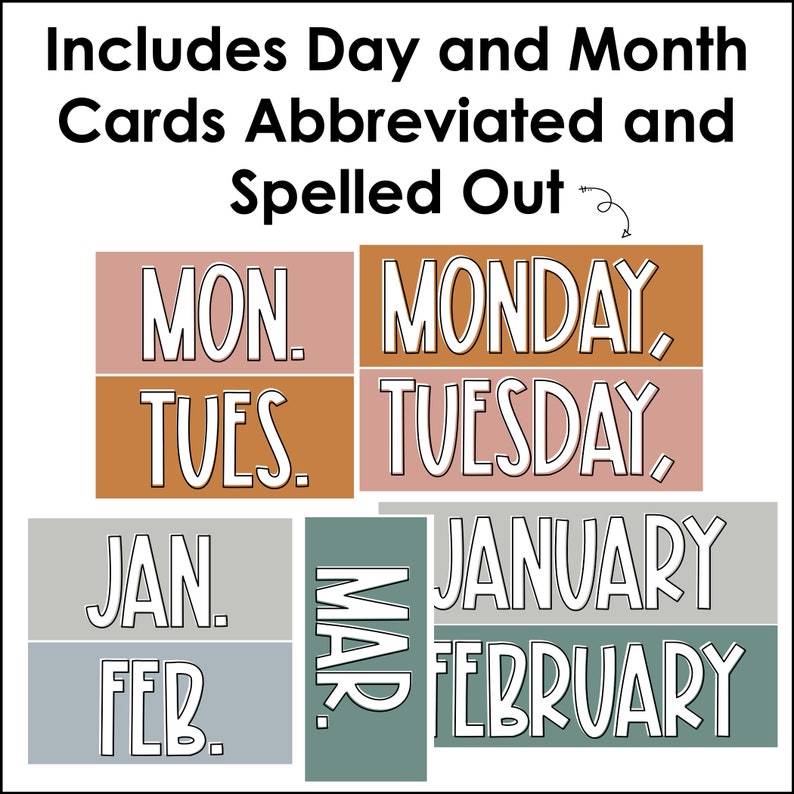 This image shows month, day, and date cards in a neutral boho theme.