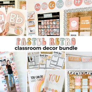 Pastell Retro Klassenzimmer Dekor Bundle | Druckbar und bearbeitbar | Beruhigend | Smiley-Gesicht