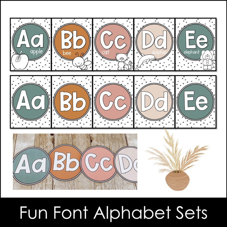 This image shows two different styles of fun font alphabet posters in a boho theme.