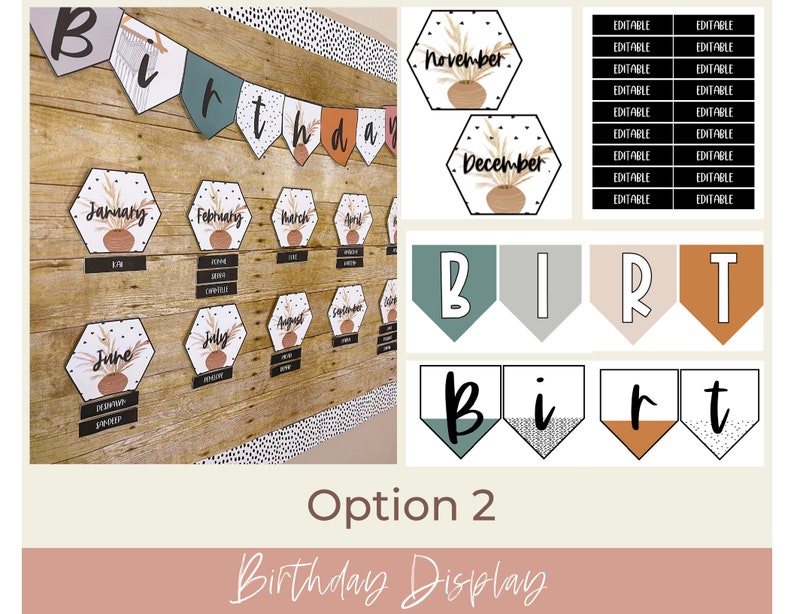 This image shows a boho birthday classroom display with a closeup of the banner options, month cards, and editable student name strips.