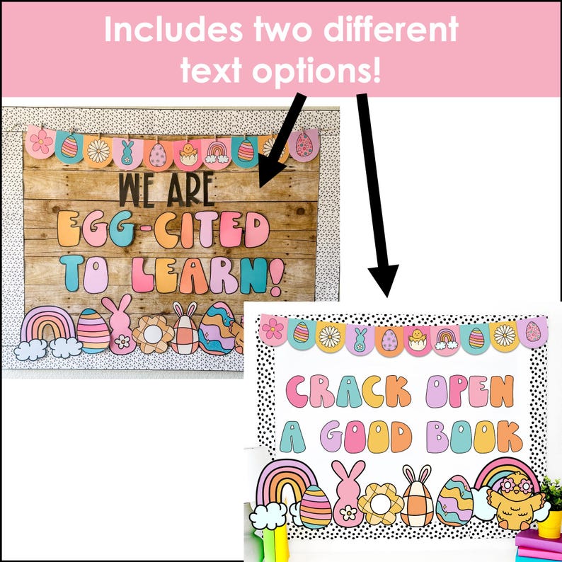 Pu&ograve; includere: Due set di bacheche stampabili a tema pasquale. Il primo set presenta il testo "We are egg-cited to learn!" con uova, coniglietti e arcobaleni colorati. Il secondo set presenta il testo "Crack open a good book" con uova, coniglietti e arcobaleni colorati.