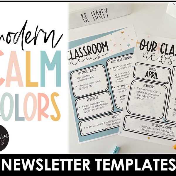 Calm Colors Newsletter Template Editable, Calm Colors Classroom Decor