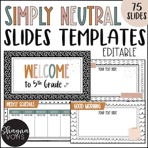 May include: A set of 75 editable neutral-colored PowerPoint slides for teachers. The slides feature a welcome slide with the text "Welcome to 5th Grade", a weekly schedule template, and a good morning slide. The slides are decorated with a black and white confetti pattern.