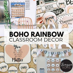 Pacchetto di decorazioni per aule arcobaleno Boho / Tema aula pastello / Elementare