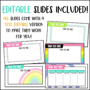 This image shows examples of editable slides included in the Happy Hues slides templates.