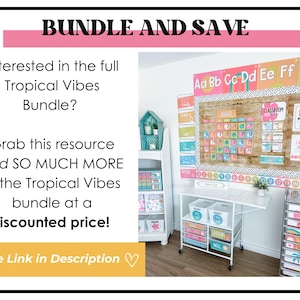 May include: A classroom bulletin board with a tropical theme. The board is decorated with colorful letters, a calendar, and other classroom decorations. The text on the board reads "Aa Bb Cc Dd Ee Ff G" and "Classroom".