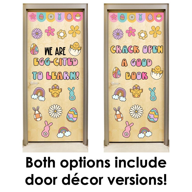 Pu&ograve; includere: Due decorazioni per porte per Pasqua. Una decorazione per porta dice "We are egg-cited to learn!" e presenta un pulcino, uova e arcobaleni. L'altra decorazione per porta dice "Crack open a good book" e presenta un pulcino, uova e arcobaleni.