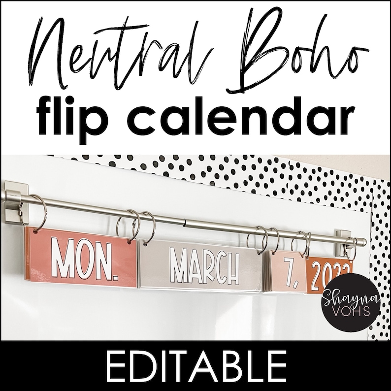 This image shows a flip calendar on a whiteboard in a neutral boho theme.