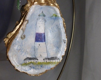 Blue Lighthouse Decoupage Oyster Ornament