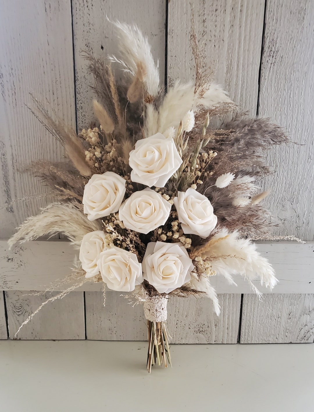 Pampas Grass Wedding Bouquet: Beige Bunny Tails & Silk Roses - Etsy