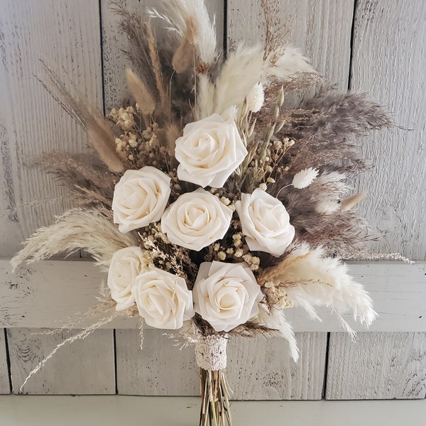 Pampas grass boho wedding bouquet, pampas grass bouquet, white rose bouquet, pampas grass arrangement