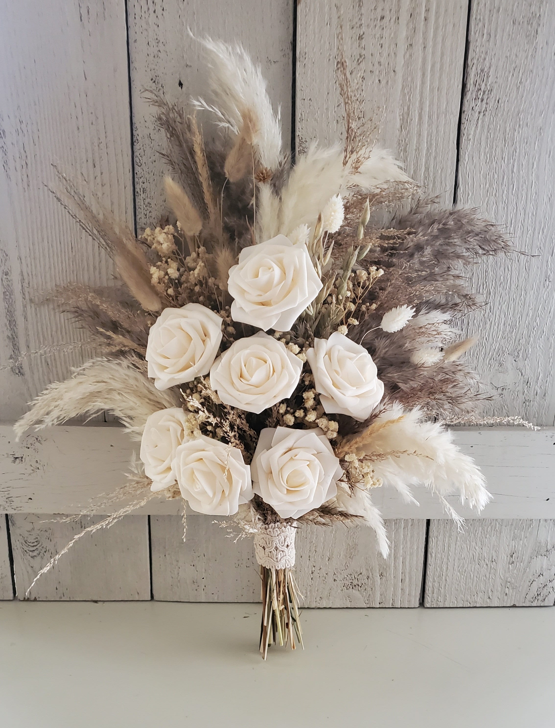 Pampas Grass Wedding Bouquet: Beige Bunny Tails & Silk Roses Pampas Grass Wedding Bouquet: Beige Bunny Tails & Silk Roses