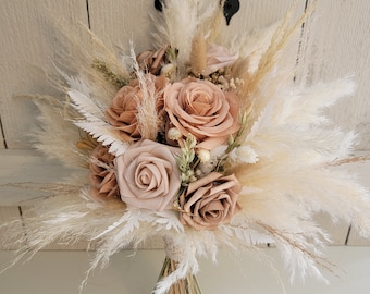 Boho wedding bouquet,  pampas grass wedding bouquet, champagne/ dusty rose wedding bouquet, white pampas grass bouquet.