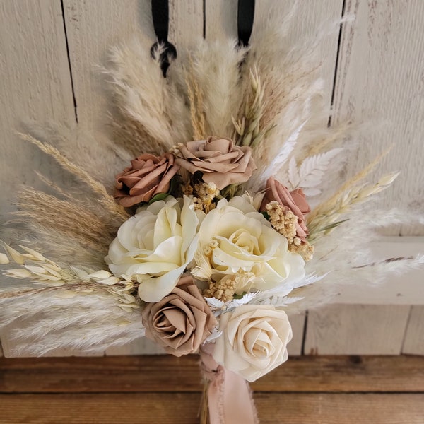 Boho wedding bouquet,  pampas grass wedding bouquet, champagne/ dusty rose wedding bouquet, white pampas grass bouquet.