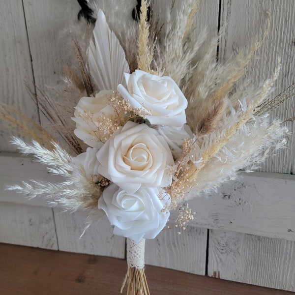 Boho wedding bouquet,  pampas grass wedding bouquet, cream/ white rose wedding bouquet, beige/white pampas grass bouquet.