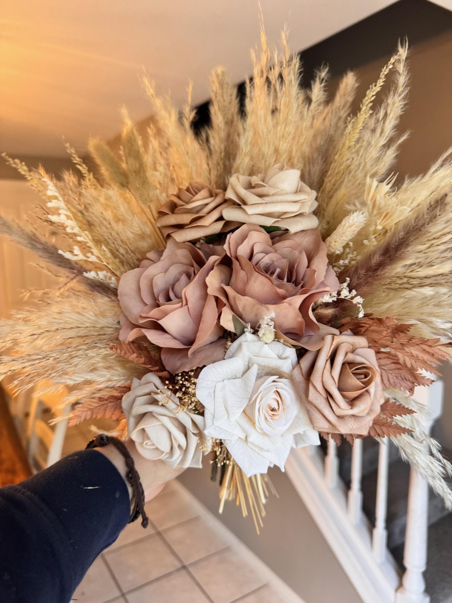 Boho Wedding Bouquet: Pampas Grass & Neutral Roses