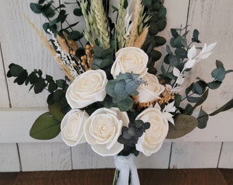 Dried Eucalyptus Wedding Bouquet: Sola Wood White Roses, 18&quot; Tall