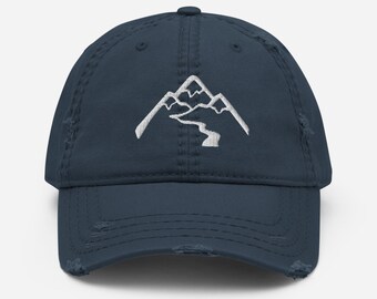 Mountain Hat, Distressed Dad Hat, Embroidered Cap, Sun Hat, Outdoorsy Gift, Hiker Gift, Baseball Cap, Womens Hat, Ponytail Hat, Bff Gift