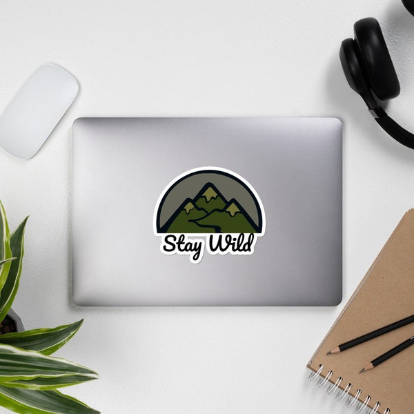 Forest Green Stay Wild Mountain Sticker, Modern Minimal Mountain Range Vinyl Sticker for your Laptop, Water Bottle or Bullet Journal, Travel