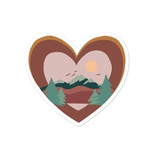 Heart Sticker “I Love You to the Mountains and Back” and Hand drawn Heart Sticker Decal with Sun, Mountains, Pine Trees, and Birds