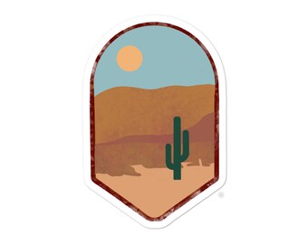 Desert Landscape Sticker, Mountain and Desert Cactus Scene Boho Diecut Sticker, Desert Cactus Sticker, Desert Art, Desert Travel, Desert Day