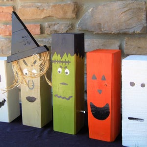 Single Halloween Character Wooden Home Decor- 4x4 lumber, ghost, witch, Frankenstein, mummy, jack-o-lantern, decorations, fun, silly