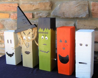 Set of 5 Halloween Characters Wooden Home Decor- 4x4 lumber, ghost, witch, Frankenstein, mummy, jack-o-lantern, decorations, fun, silly