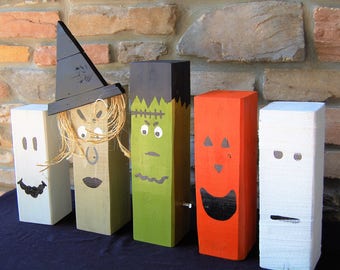 Single Halloween Character Wooden Home Decor- 4x4 lumber, ghost, witch, Frankenstein, mummy, jack-o-lantern, decorations, fun, silly