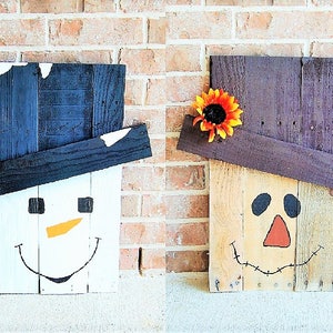 Decoração reversível de espantalho e boneco de neve - decoração de outono, decoração de inverno, decoração de inverno para casa, decoração de casa de férias, madeira recuperada, Natal