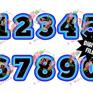 May include: A set of ten blue and black outlined numbers, 1 through 10, with floral accents. The numbers are outlined in blue and filled in black. The text "DIGITAL FILE" is in a black starburst.